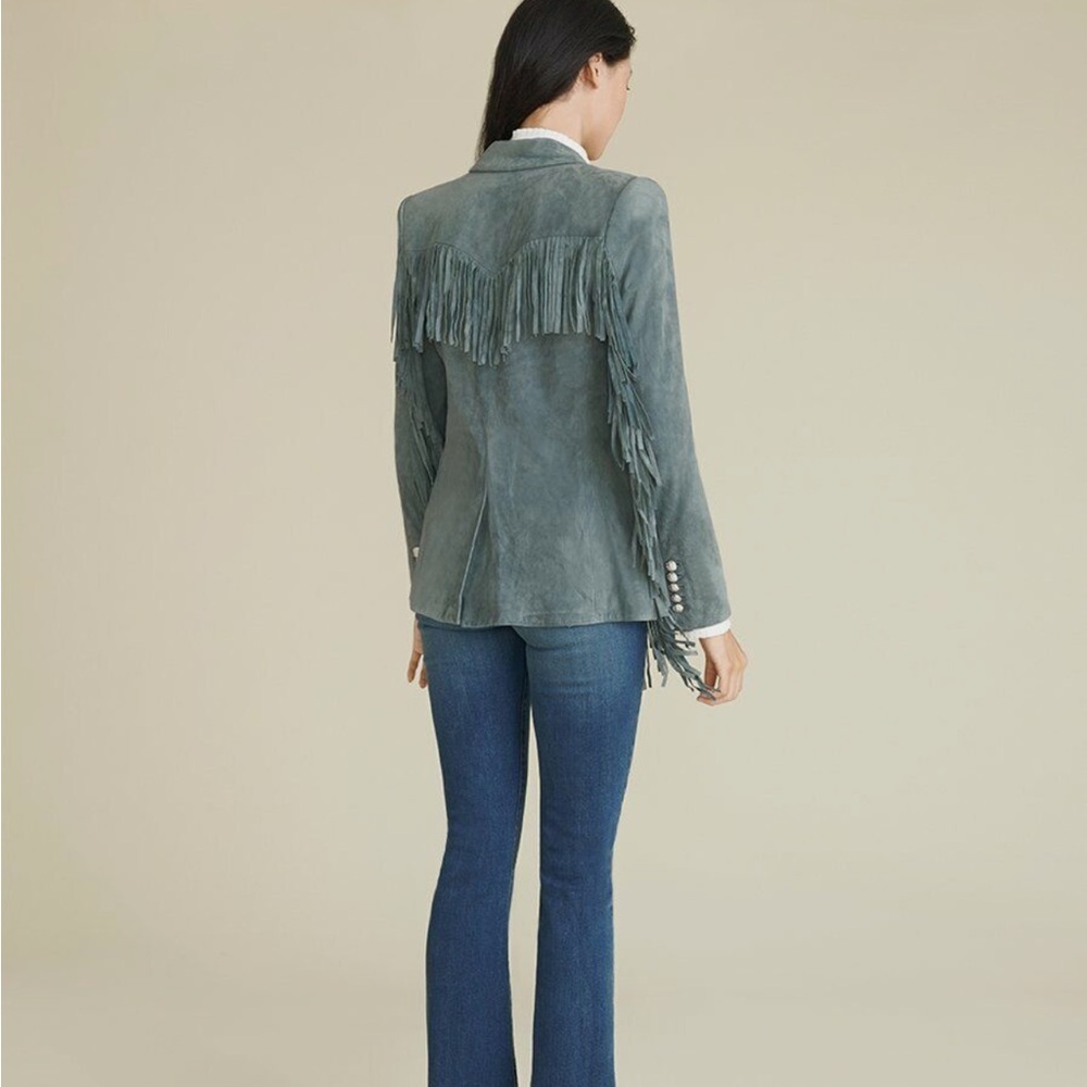 SOLD Veronica Beard XS Leather Suede Fringe Dickey Jacket Blazer Coat Green Grey - Picture 3 of 14